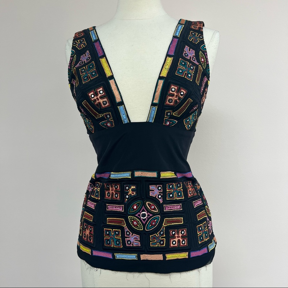 Nicole Miller Aztec/Geometric Embroidered Tank Top in Black/Multicolor - Picture 7 of 7